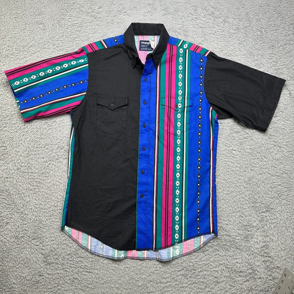 Vintage Wrangler Shirt Mens L (16) Blue Pink Aztec 90s Short Sleeve Button
